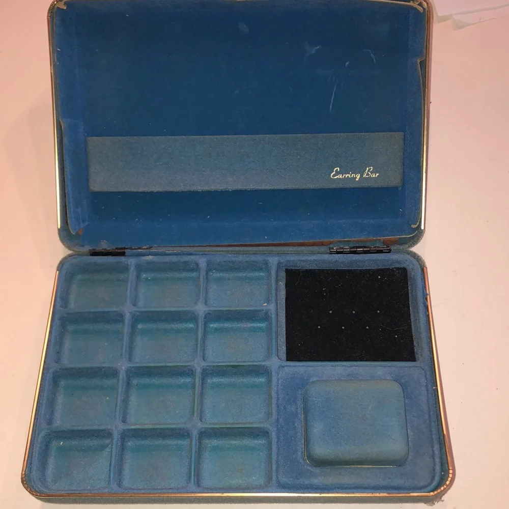 Vintage Blue Velvet Jewelry Case with Earring Bar